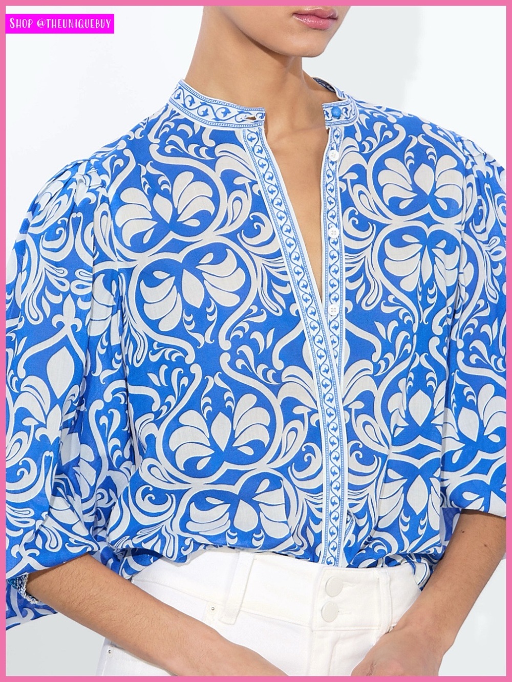 Alice + Olivia April Printed Blouson Sleeve Blouse Top